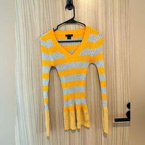 Metaphor , Gold & Gray striped V-neck sweater